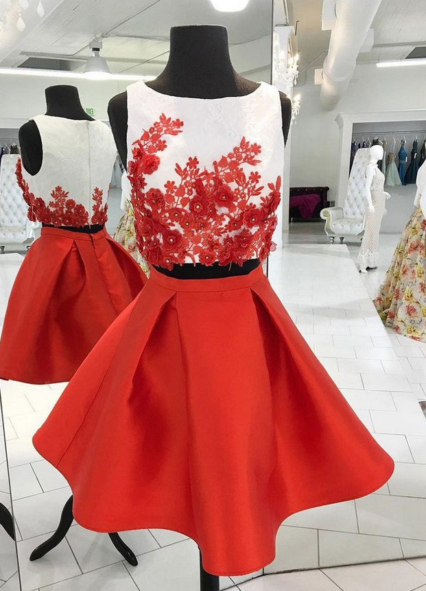 Red Two Piece Homecoming Dresses,cute Appliqued Satin Homecoming Gown,short Prom Dress