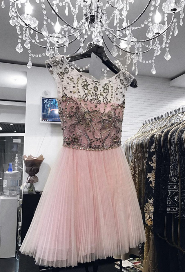 Pink Homecoming Dress,prom Short Dresses Crystal Beaded,cap Sleeves Homecoming Dress,short Prom Gowns
