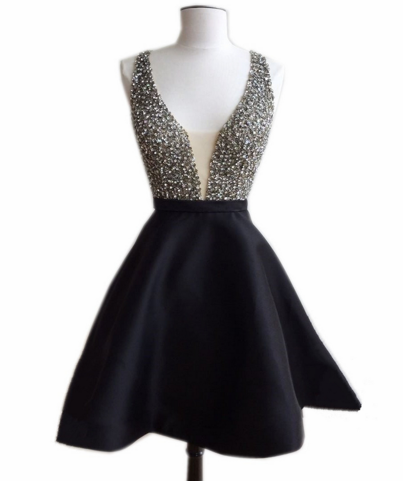 Short Prom Dress,black Homecoming Dress, V Neck Dress,satin Dress,women's Party Dress,beaded Dress