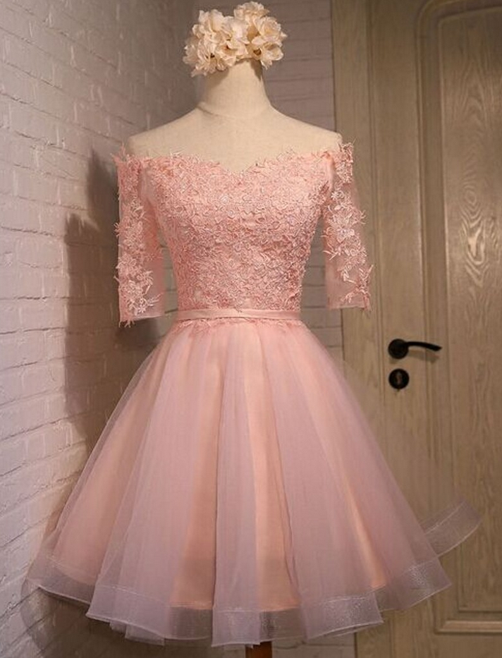 Pink Homecoming Dress,half Sleeve Homecoming Dress,lace Homecoming Dress,dream Homecoming Dress,juniors Homecoming Dress