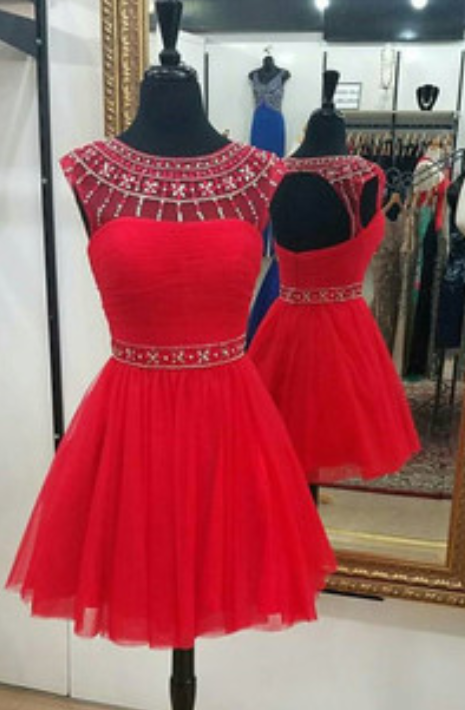 Red Homecoming Dress ,short Homecoming Dress,open Back Homecoming Dress,.sexy Prom Dress,beaded Prom Dress,tulle Prom Gown,red Prom Gown,short