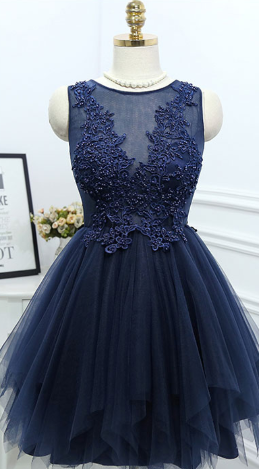 Short Homecoming Dress,applique Homecoming Dress,charming Prom Dress,navy Blue Tulle Prom Dresses,elegant Prom Dress,beaded Prom Gown