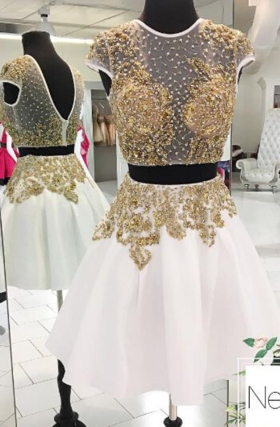 White Homecoming Dress,2 Piece Homecoming Dresses,beading Homecoming Gowns,short Prom Gown,sweet 16 Dress,homecoming Dress,2 Pieces Cocktail