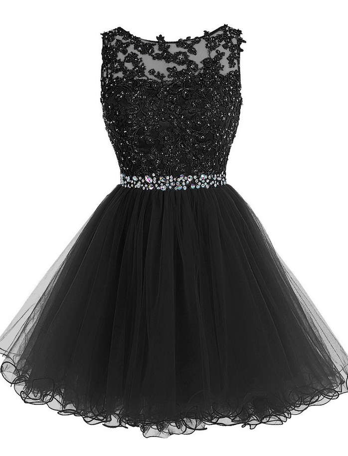 Sexy Black Short Prom Dress, Lace Prom Dress, Prom Party Gown, Short Beaded Prom Dress, Tulle Applique Evening Dress, Homecoming Dresses
