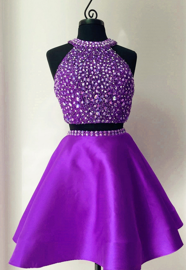 purple halter homecoming dress ZAPAKA Women Prom Dress with Slit Sparkly Purple Halter A Line Formal Dress with Pleated, Dark Purple / US8