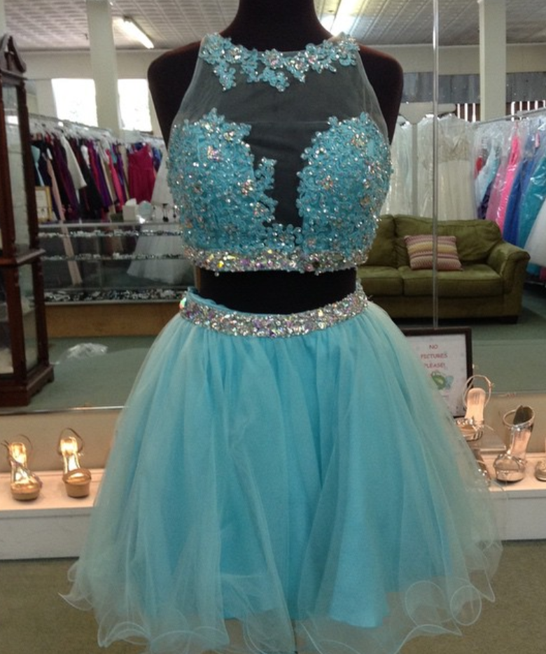Turquoise Lace Appliques Organza Ruffles Short Prom Gowns 2017 Two Piece Homecoming Dress