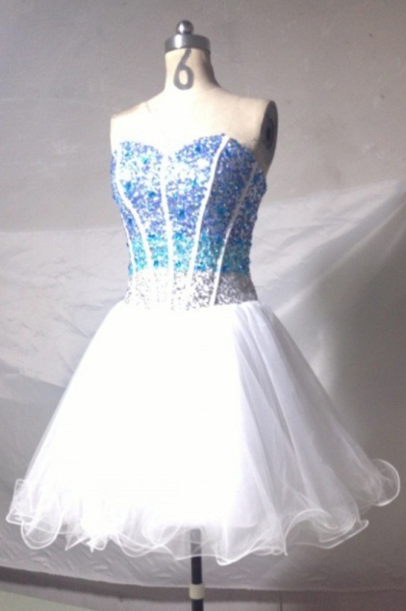White Homecoming Dress,sparkle Homecoming Dresses,glitter Homecoming Gowns,short Prom Gown,sweet 16 Dress,blue Beading Homecoming Dresses,tulle