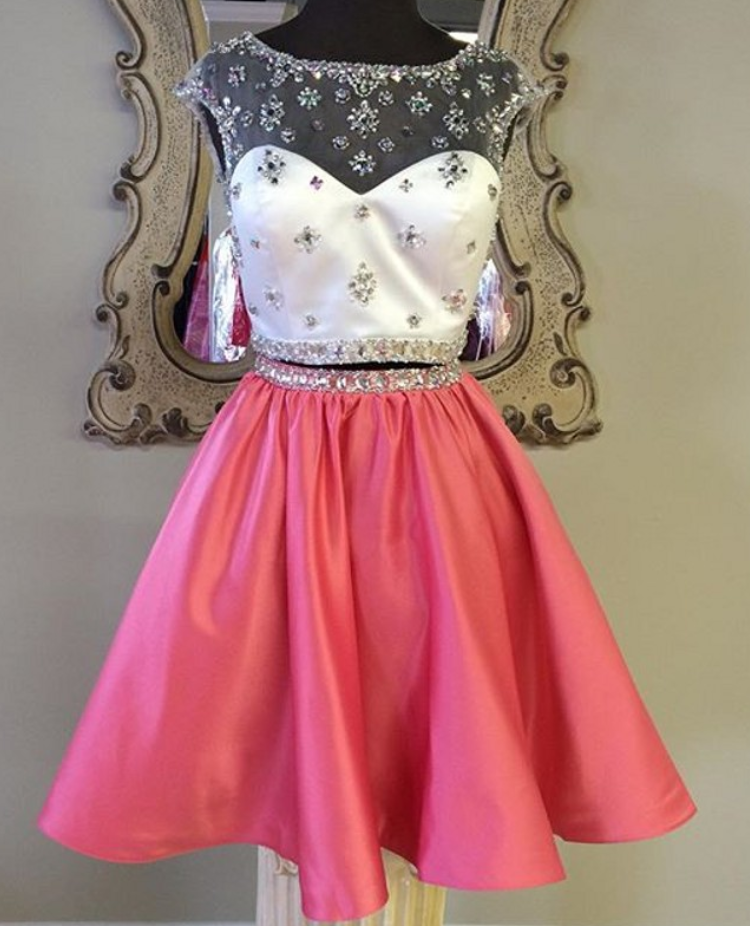 Coral Homecoming Dress,2 Piece Homecoming Dresses,silver Beading Homecoming Gowns,short Prom Gown,coral Pink Sweet 16 Dress,homecoming Dress,2