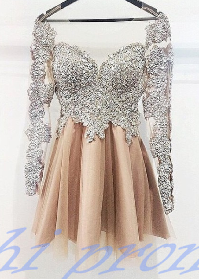 Vintage Homecoming Dress,lace Homecoming Dress,cute Homecoming Dress,long Sleeves Homecoming Dress,short Prom Dress,champagne Homecoming