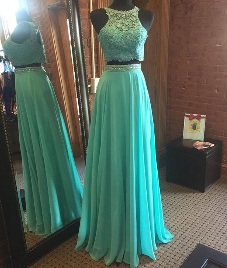 mint green 2 piece prom dress