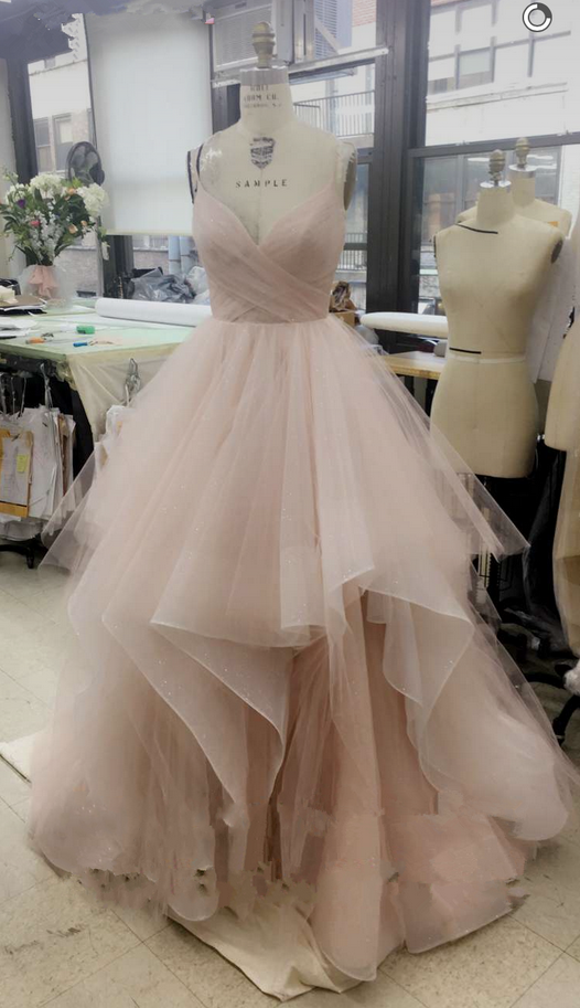 Gorgeous A-line V-neck Spaghetti Straps Long Wedding Dress,2017 Wedding Dress,pink Wedding Dress,long Wedding Dress,white Wedding