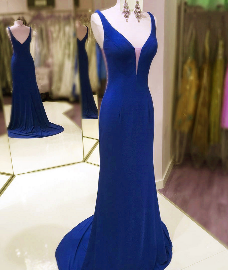 Royal Blue Fitted Formal Gown,fitted Plunging V Neck Party Dress,jersey Evening Dress