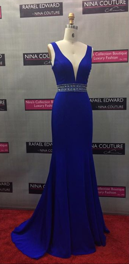 Royal Blue Pluging V Neck Prom Dreess,fitted Open Back Formal Gown, Evening Dress