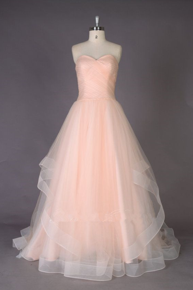 Lovely Wedding Dresses,long Wedding Gown,tulle Wedding Gowns,ruffled Bridal Dress,ball Gown Wedding Dress,pearl Pink Brides Dress
