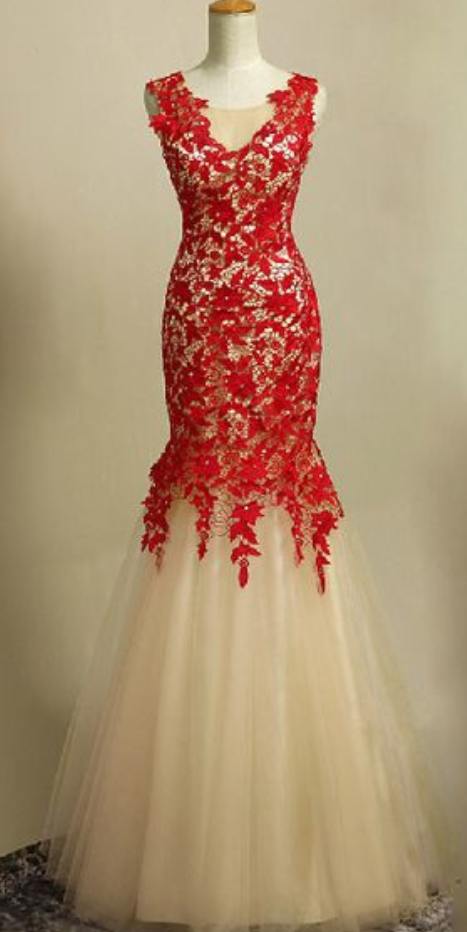 Charming Prom Dress,elegnat Tulle Mermaid Prom Dress With Red Lace, Pretty Evening Dress,long Evening Dresses,mermaid Evening Dress