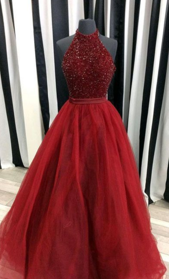 Charming Prom Dress,sexy Prom Dress, Beading Halter Prom Dress, Red Ball Gown Prom Dress, Tulle Open Back Evening Dress