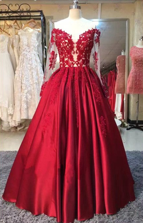 Sexy Red Prom Dress,cute Prom Dress,long Sleeve Prom Dress,red Ball Gown,formal Evening Dress,wedding Party Dress