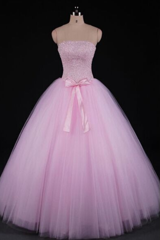 Charming Prom Dress,strapless Long Prom Dress,elegant Tulle Pink Prom Dress,evening Formal Dress