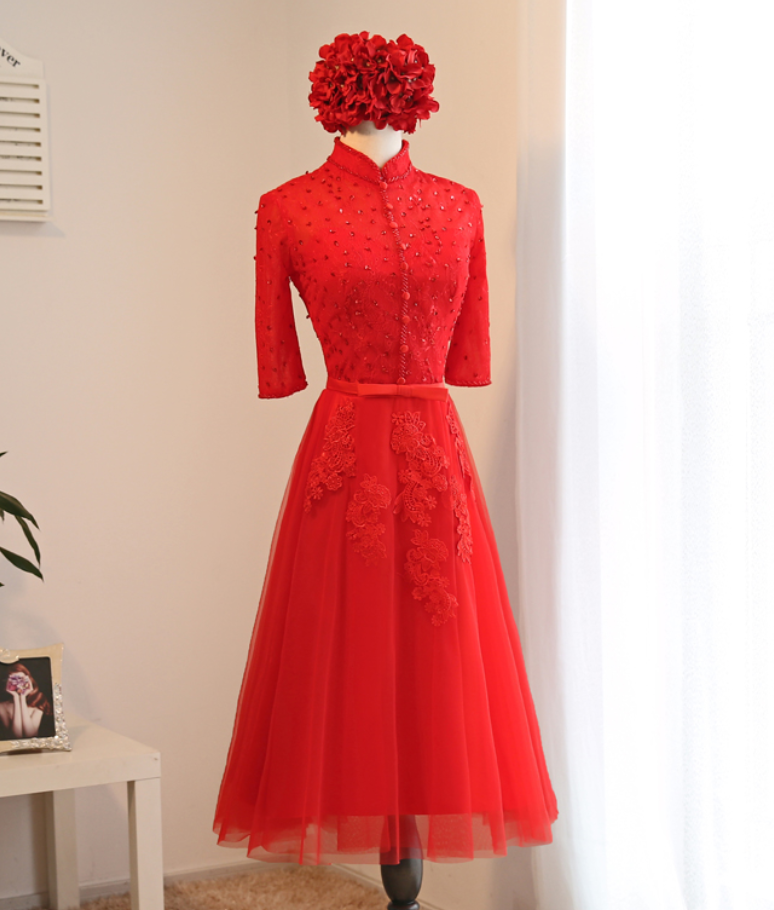 Sexy Prom Dress,half Sleeve Red Tulle Prom Dress,formal Evening Dress,appliques Lace Homecoming Dress