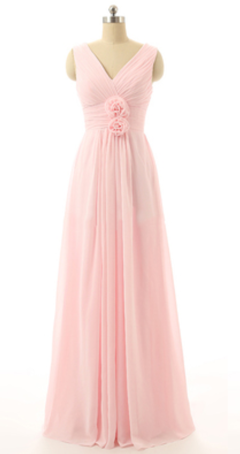 Pink Long Chiffon Prom Dress Featuring Plunge V Ruched Bodice With Floral Accent