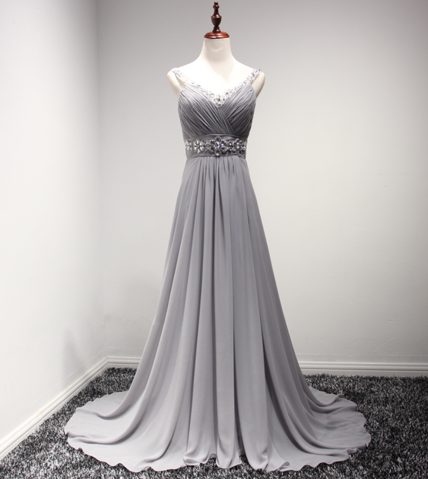 Sleeveless V-neck Ruched Beaded Chiffon A-line Long Prom Dress, Evening Dress