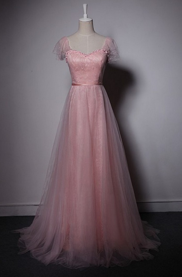 Charming Prom Dress,sexy Prom Dress,cap Sleeve Tulle Long Evening Dress,formal Dress