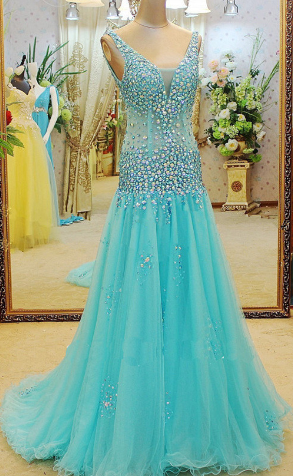 A Line Prom Dress,long Evening Dress,tulle Prom Dresses,blue Formal Evening Gown