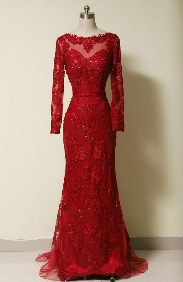 Red Full Sleeve Evening Dress,long Formal Evening Gown,mermaid Prom Dress,women Dress
