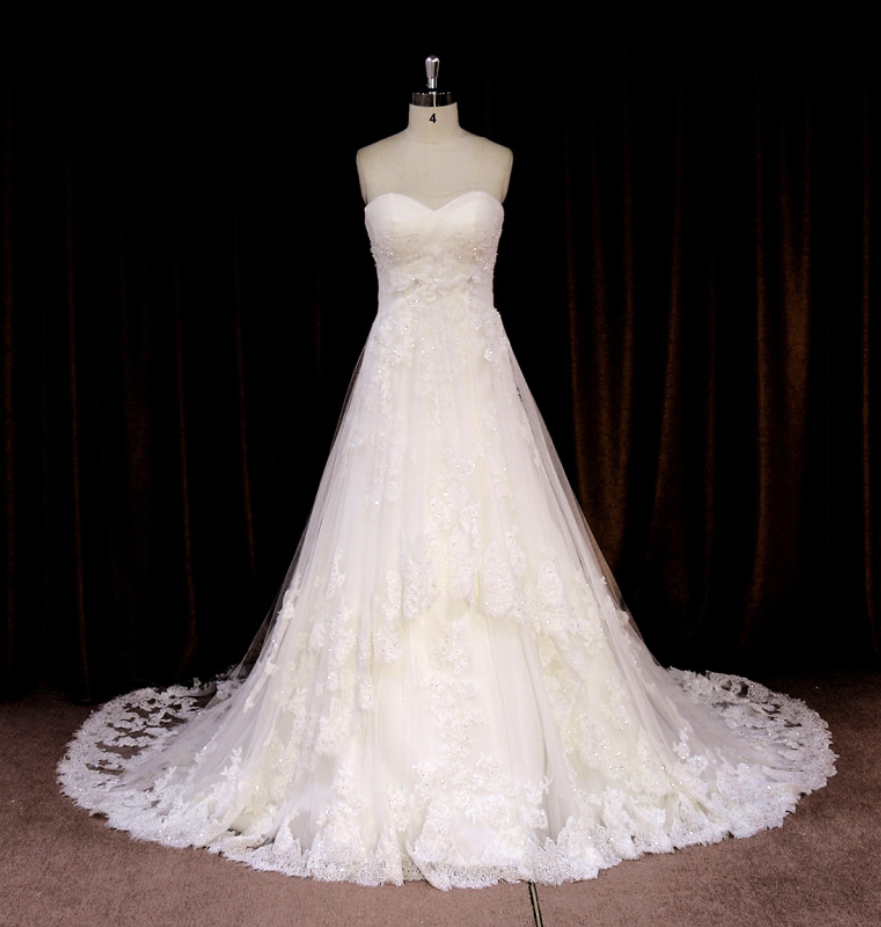 Strapless Sweetheart Lace Appliqués A-line Wedding Dress, Bridal Gown