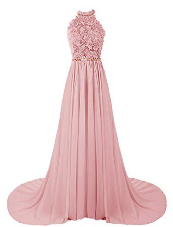 Long Prom Dress,chiffon Prom Dresses With Lace,pink Evening Dresses