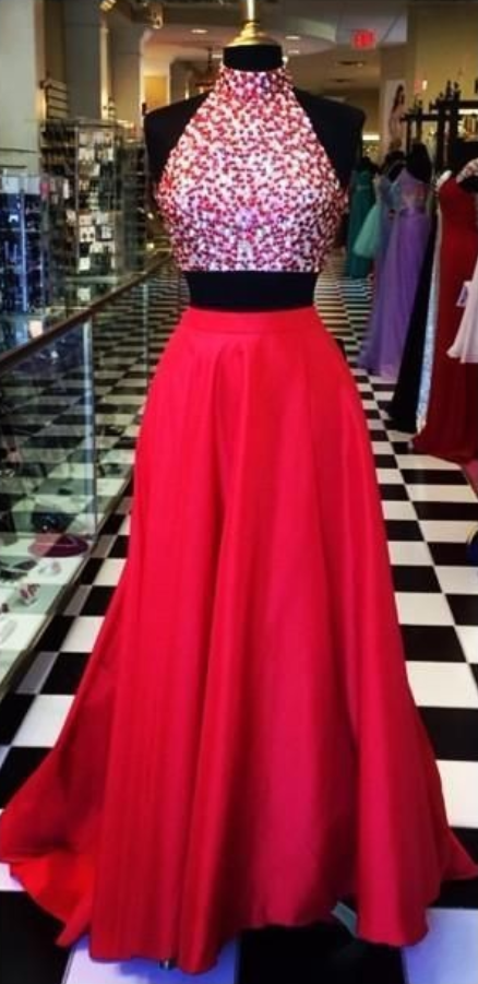 High Neck Two Piece Prom Dress Red Long Evening Dress Beaded Crystal Sexy Open Back Sleeveless Formal Gown