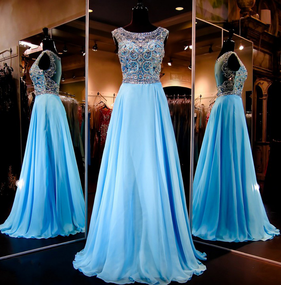 Boat Neck A Line Long Chiffon Prom Dress,heavy Beaded Formal Crystal Blue Evening Dress