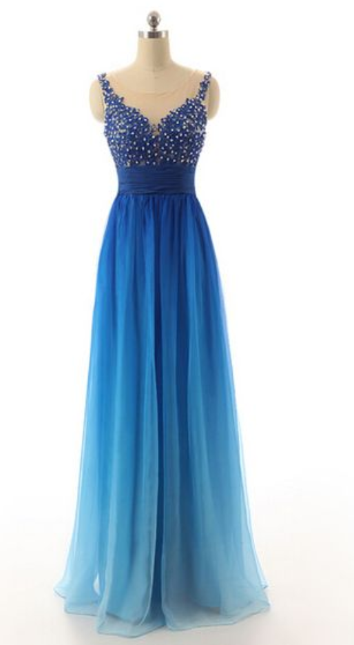 Ombre Blue Prom Dresses,long Evening Dress,sexy Formal Dresses,beaded Prom Dresses