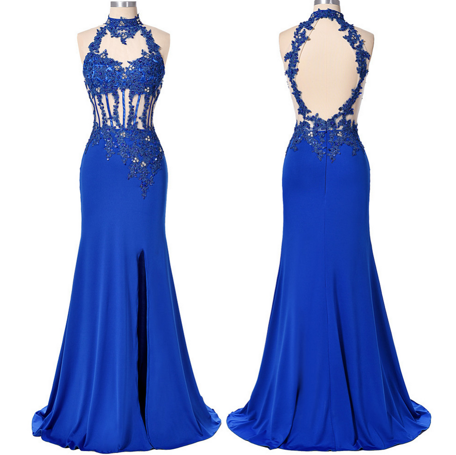 Split Side Evening Dress ,blue High Neck Evening Dress,lace Appliques Formal Dress With Beaded,long Prom Dress
