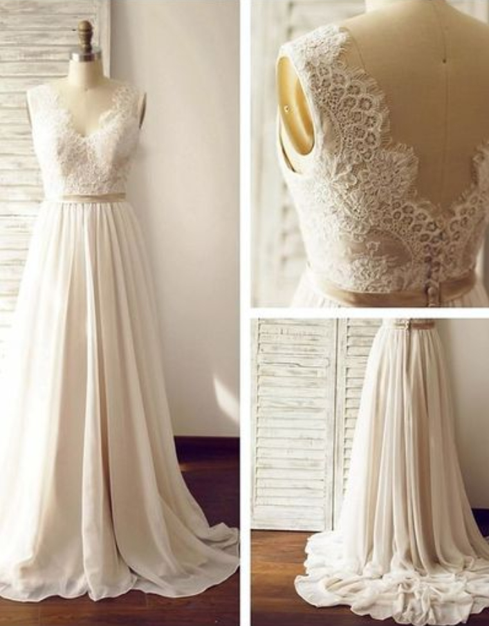 Charming Prom Dress,white Chiffon Prom Dress,long Evening Dress,v Neck Wedding Party Dress