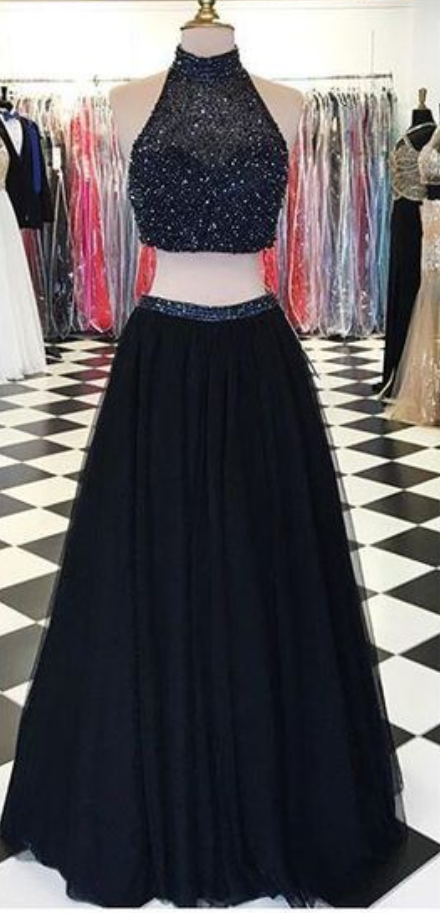 Black Prom Dress,2 Piece Prom Dress,beading Evening Dress,evening Gown,formal Dress