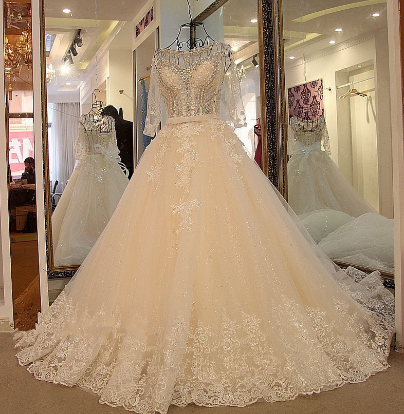 Sexy Long Sleeves Wedding Dress White Flash Diamond Long Train Bride Dress 2017 100% Real Picture,wedding Dresses