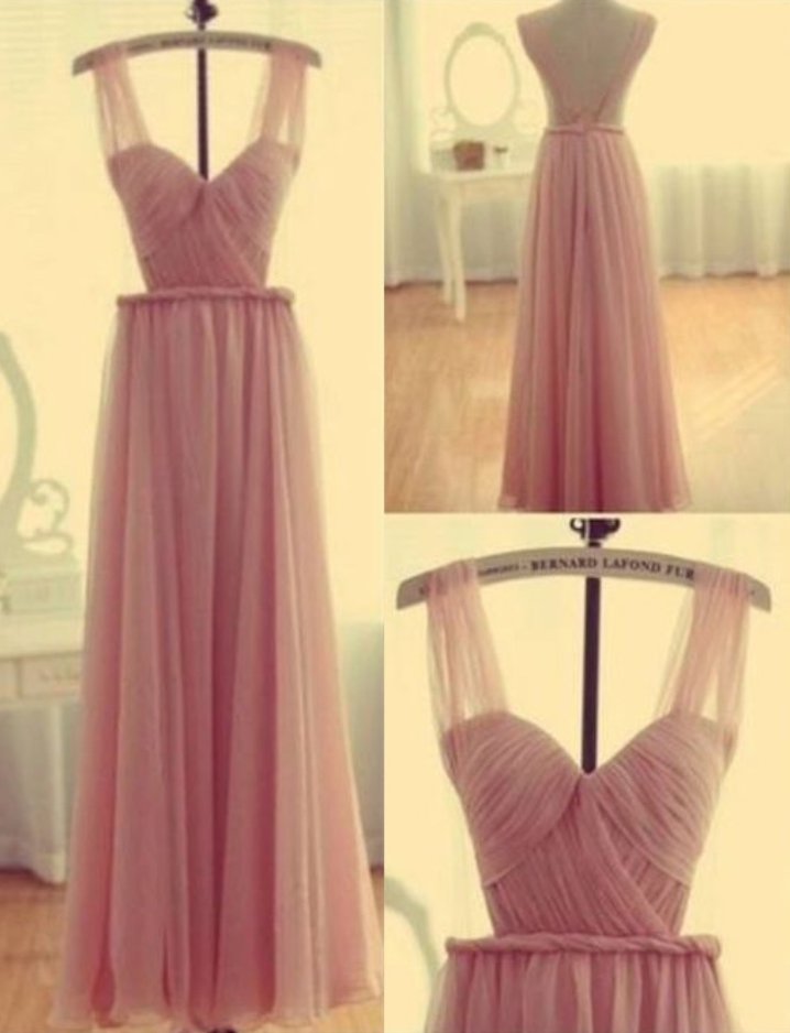 Bridesmaid Dresses, Elegant Straps A-line Ruffles Long Pink Bridesmaid Dress