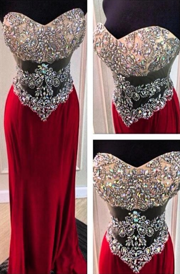 Custom Made Exquisite Crystal Sweetheart Long Red Prom Dresses 2016 Sexy Backless Evening Dresses