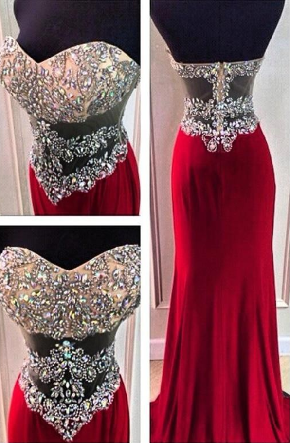 Custom Made Exquisite Crystal Sweetheart Long Red Prom Dresses 2016 Sexy Backless Evening 5185