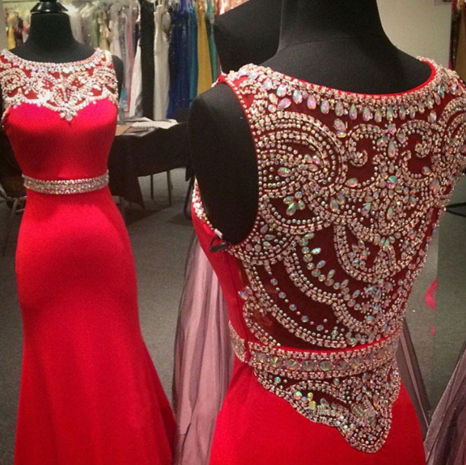 Custom Made Mermaid Red Prom Dress 2016 Scoop Cover Back Sweep Train Chiffon And Crystal Party Dress Formal Dress