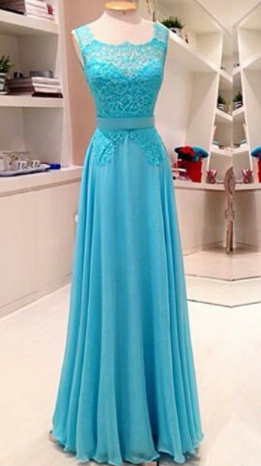Trend A-line Square Neckline Chiffon Floor Length Blue Lace Appliques Backless Prom Dress
