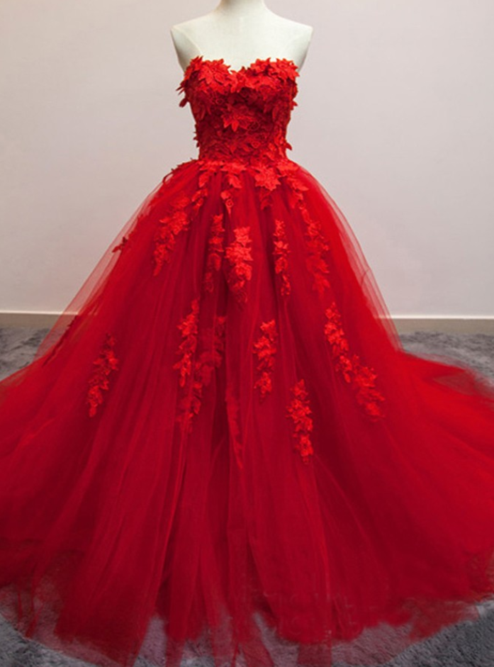 Red Ball Gown Appliques Lace Flower Wedding Dresses
