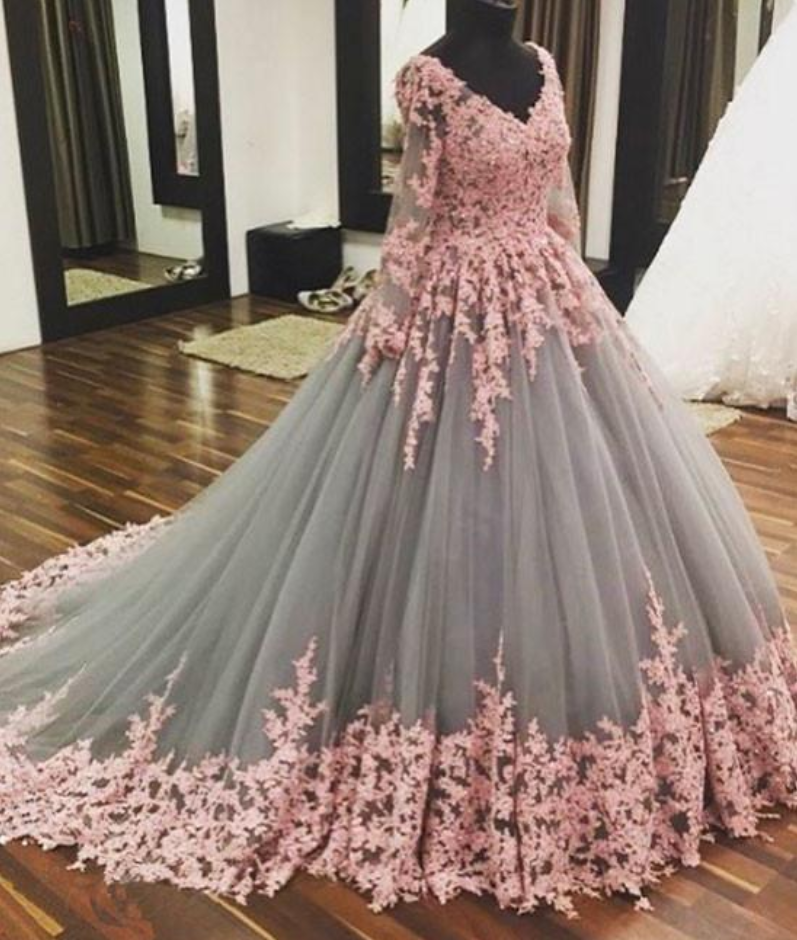 Unique Floral Ball Gown V Neck Appliques Lace Long Prom Dress Lace Evening Dress