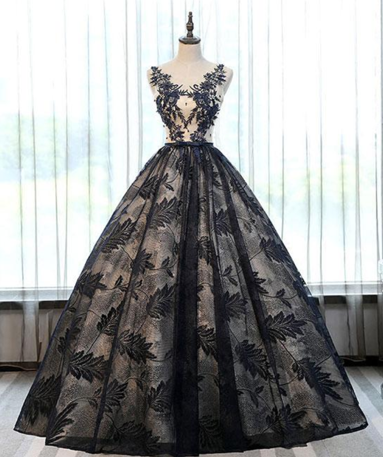 Unique Floral Ball Gown Round Neck Appliques Lace Long Prom Dress Lace Evening Dress
