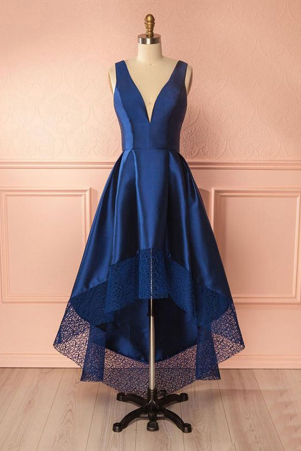 Dark Blue High-low A-line V Neck Satin Lace Bridesmaid Dress Simple Prom Dress