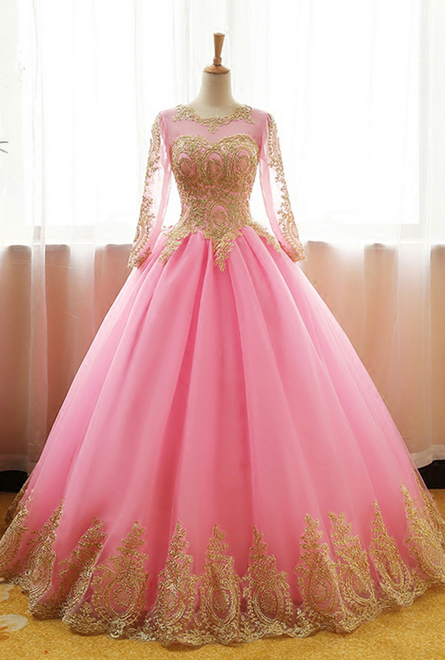 Classy Pink Ball Gown Round Neck Beading Applique Lace Tulle Charming Ball Gown