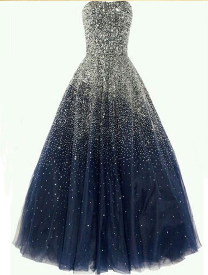 Ball Gown Strapless Floor Length Tulle Navy Blue Prom/evening Dress With Beading