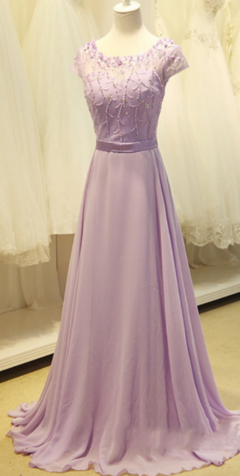 Simple Light Purple Chiffon O-Neck Sleeveless Floor Length, Lace Chiffon A-Line Prom Party Dresses