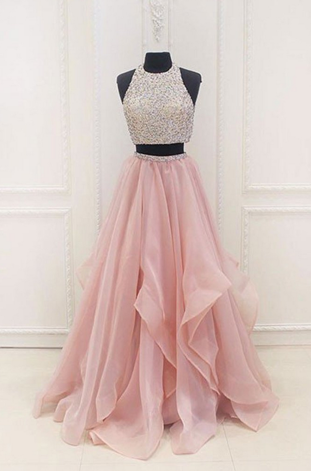 Pink Chiffon Tiered Two Pieces Sequins A-line Beaded Long Evening Dresses,graduation Dresses